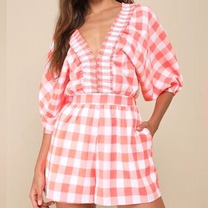 Lulus White/Neon Orange Gingham Romper